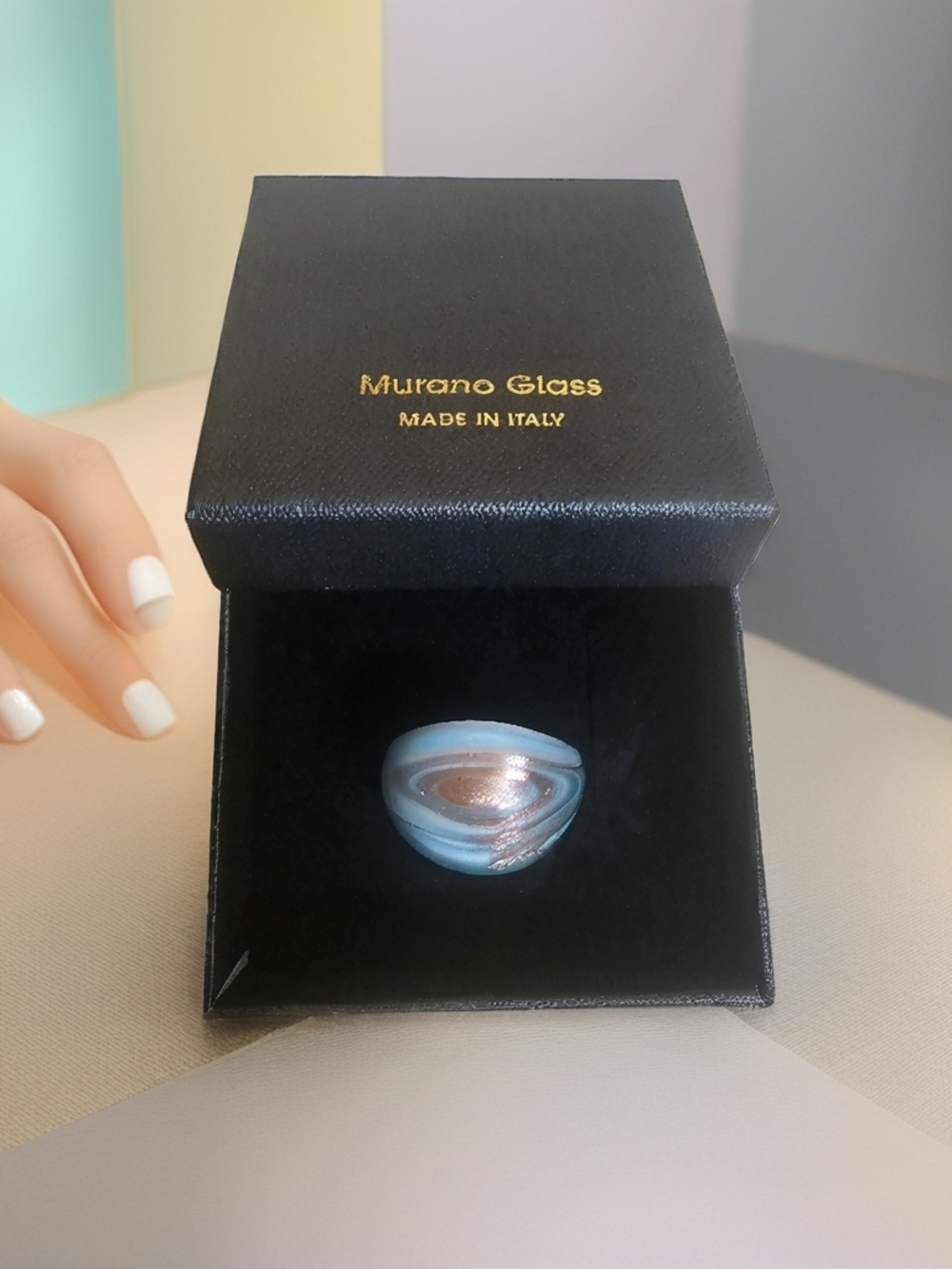 Murano Blue and Gold Swirl Glass Ring